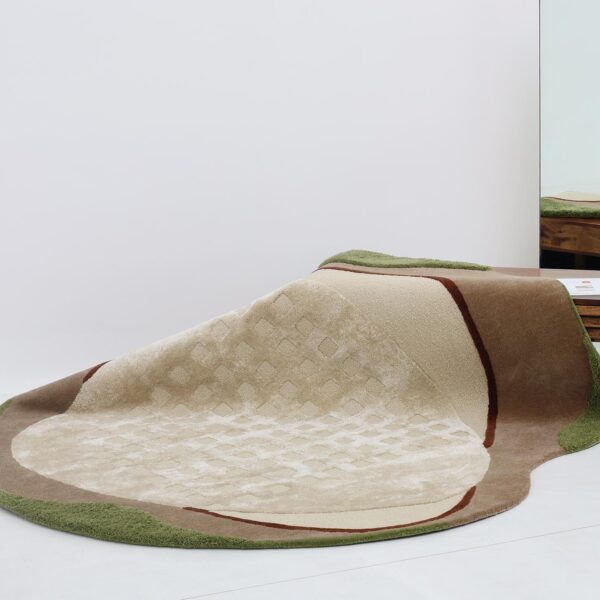 Custom handmade rug with intricate geometric patterns in warm earth tones by Ramsha Carpets