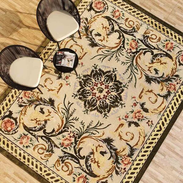 Elegant custom rug with unique geometric design placed in a modern luxury living room, made by Ramsha Carpets