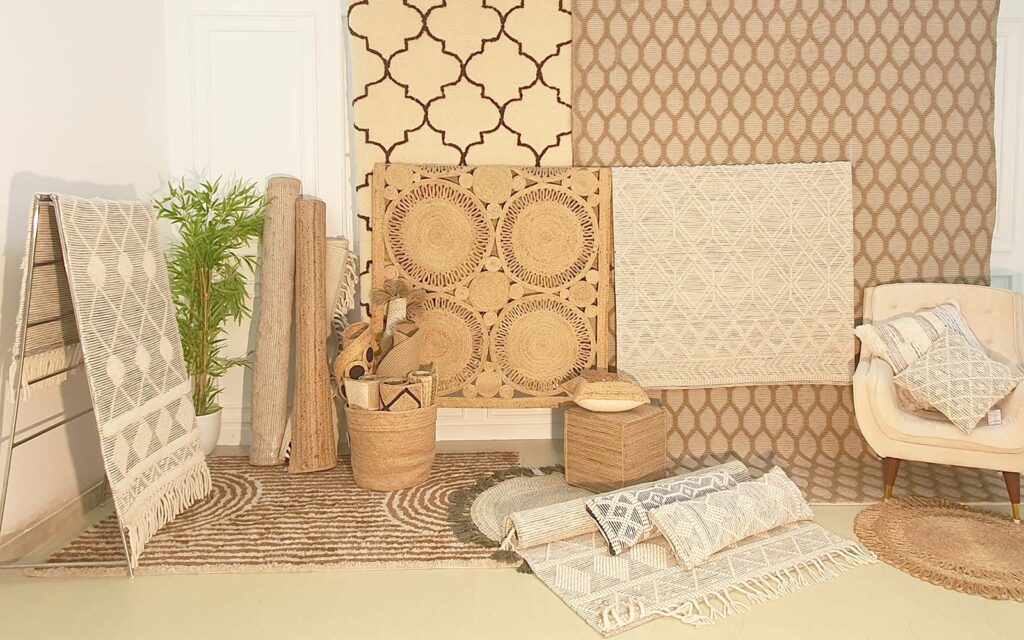 Elegant custom rug placed in a high-end living room interior, made by Ramsha Carpets