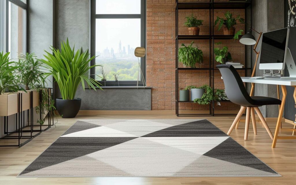 Bespoke custom rug with modern geometric design styled in a luxury interior by Ramsha Carpets