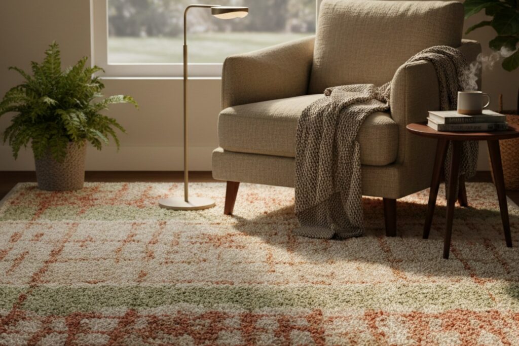 A cozy reading nook showcasing mindful home design resolutions with a textured wool rug and soft lighting.