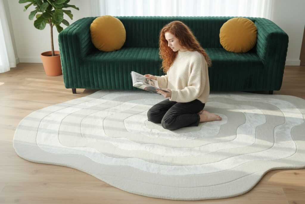 A sophisticated living room providing New Year's Eve interior inspiration with a designer rug by Ramsha Carpets.