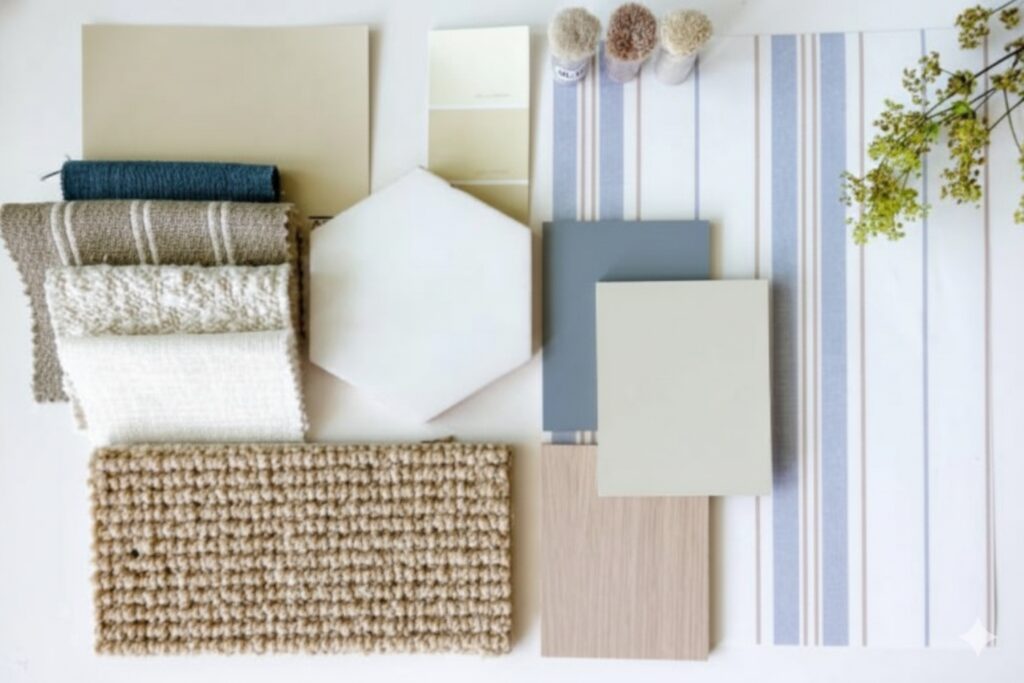 Interior design mood board for the Pinterest 2026 Home Decor Forecast featuring Ramsha Carpets rug samples, neutral and blue color swatches, and tactile fabrics.