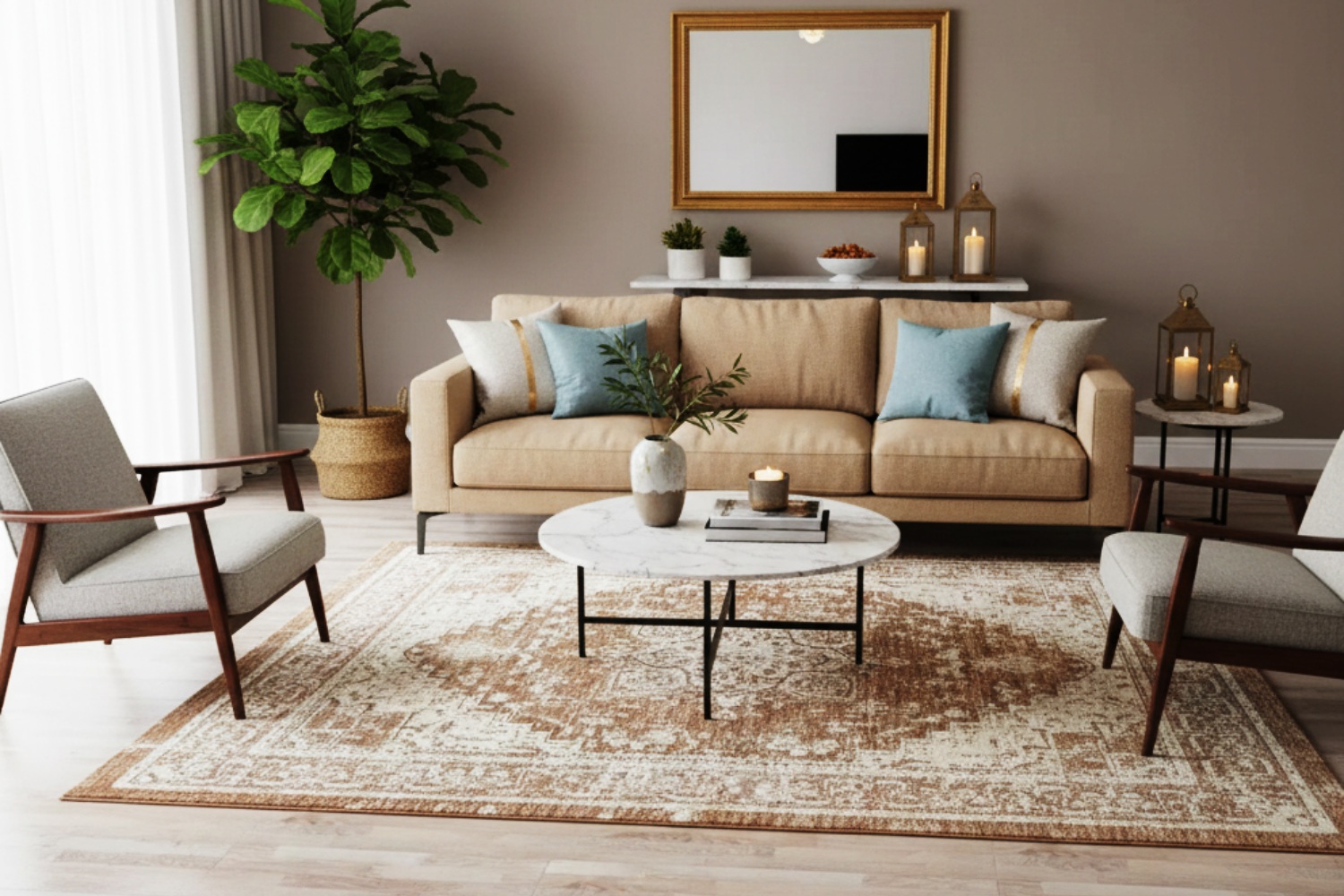 A collection of colorful Vintage Oriental Rugs stacked in a boutique showroom, highlighting varied textures and patterns.