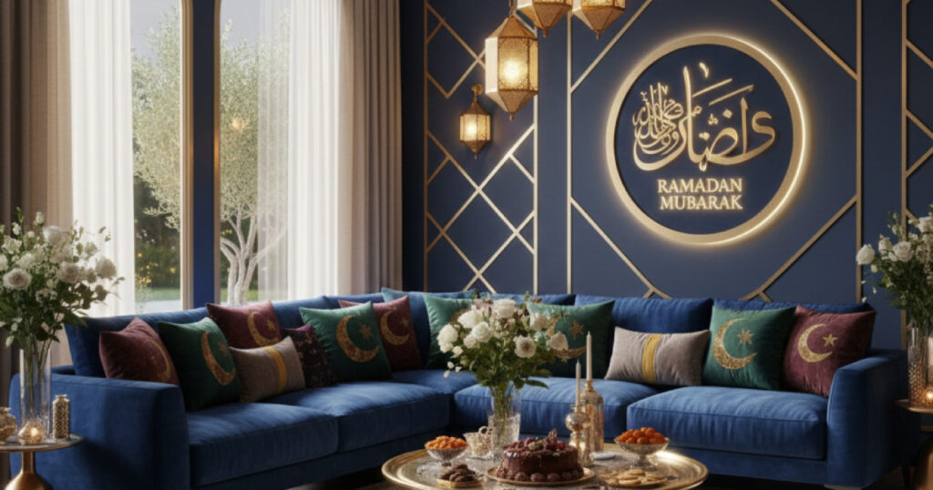 luxury ramadan decor ideas featuring elegant rugs, warm ambient lantern lighting, soft neutral tones, and refined interior styling for a serene festive home atmosphere.