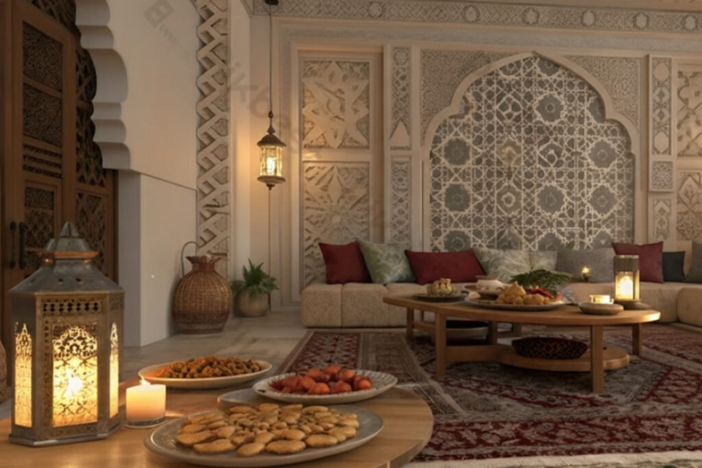 A cozy and luxuriously decorated living room for Ramadan featuring intricate Arabesque wall carvings, glowing Moroccan lanterns, floor cushions, and a table spread with dates and traditional snacks on a Persian rug.