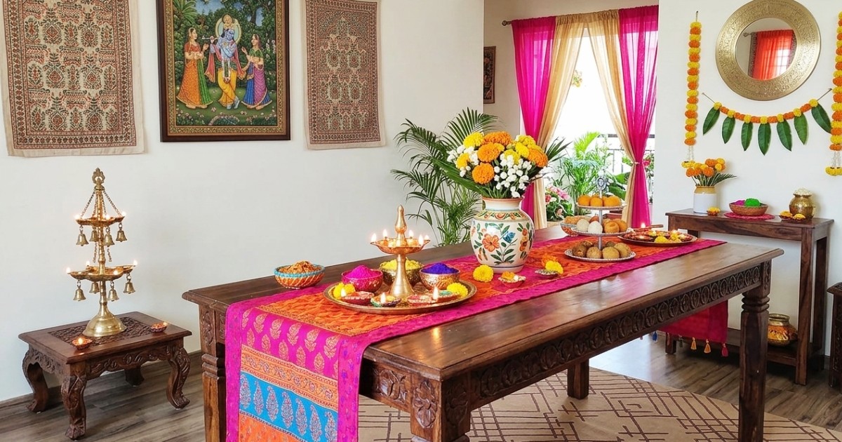 holi decor ideas for home with colorful rug and festive living room