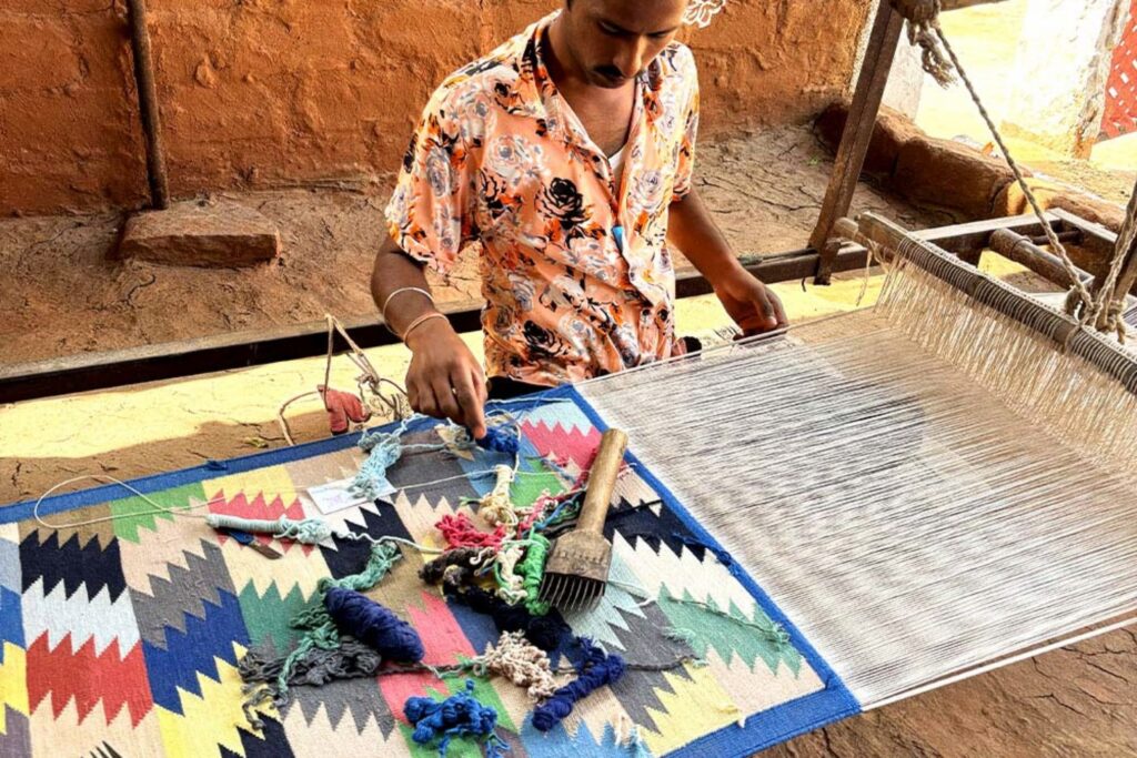flatweave rugs styled in modern living room with geometric patterns