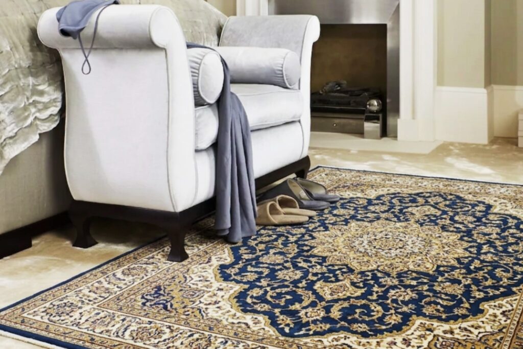 luxury silk rugs in elegant living room reflecting light and texture