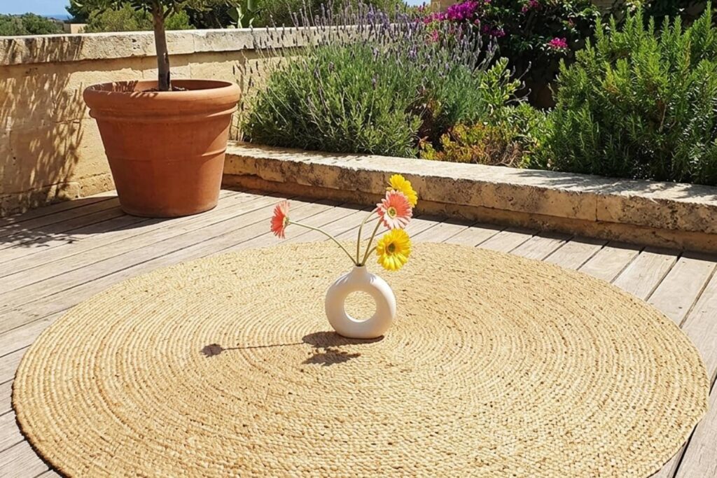 outdoor rug styling creating a comfortable balcony seating area with patterned rug, lounge chairs, plants, and warm evening lighting