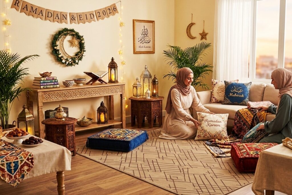 ramadan home decor rugs styled with lantern lighting in a cozy living room