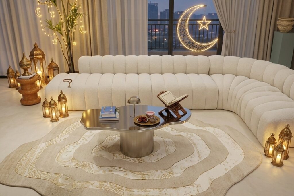 ramzan home decor ideas with lantern lighting and layered rugs