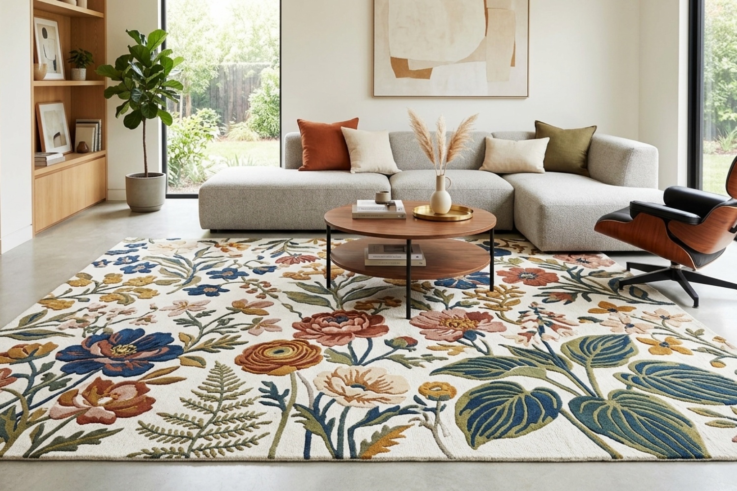 festive floral rugs in a decorated living room with warm lighting